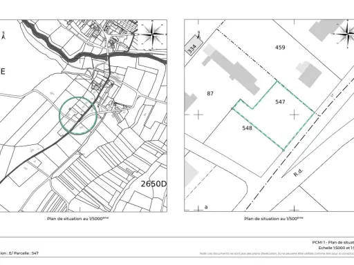 Plan de construction montrant deux cartes : une vue d'ensemble au 1/5000ème et un zoom au 1/500ème sur la parcelle 547.