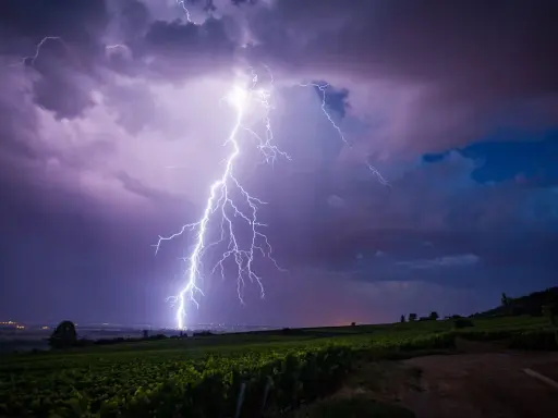 Un éclair zèbre le ciel violacé, illuminant un vignoble sous un orage de mer. La foudre frappe au loin, près d'une ville scintillante.