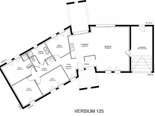 Plan maison 130m2 : 4 chambres, grand séjour, cuisine, salle de bain, WC, coin lecture et garage.