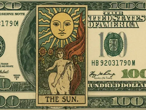 Karta tarota "Słońce" na tle banknotu 100 dolarów. Symbolizuje bogactwo i sukces, jak karta 10 monet.