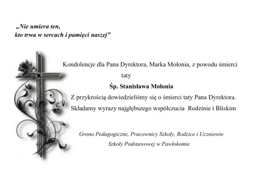 Kondolencje z powodu śmierci taty Pana Dyrektora, Marka Mołonia. Z przykrością składamy wyrazy współczucia Rodzinie i Bliskim.