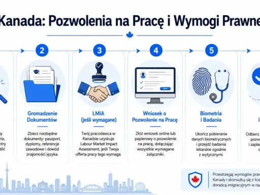 Proces uzyskania pozwolenia na pracę w Kanadzie: ocena kwalifikacji, gromadzenie dokumentów, LMIA, wniosek, biometria i badania, decyzja i przyjazd.