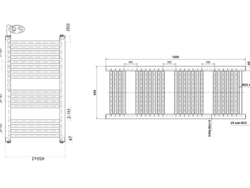 Disegno tecnico di un termoarredo, con misure dettagliate (800x450 mm), ideale per valutare lo spazio sopra il bidet.