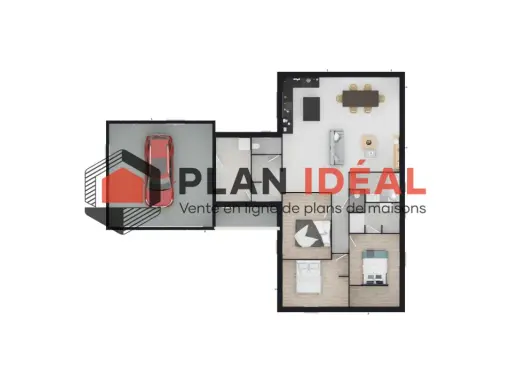 Plan maison senior : vue aérienne d'une maison avec garage, salon, salle à manger, cuisine et chambres.