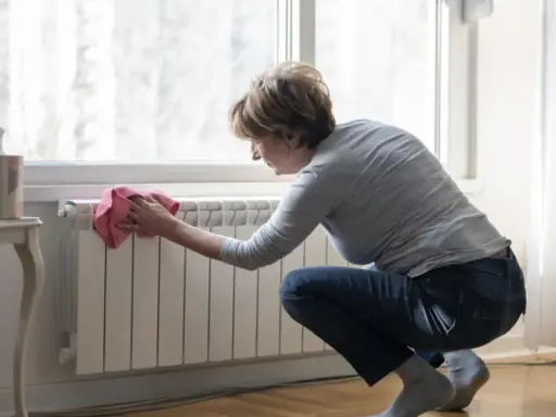 Mujer limpiando un radiador blanco con un paño rosa. Un ejemplo de cómo limpiar radiadores para mantener el hogar cálido y limpio.