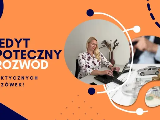 Kredyt hipoteczny a rozstanie: kobieta pracuje przy laptopie, obok monety, model domu i samochodu. 7 praktycznych wskazówek.