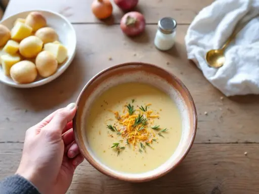 Bol de soupe crémeuse, garnie de fromage râpé et d'herbes. Une main tient le bol, à côté de pommes de terre et d'oignons. Le liquide de cuisson des pois chiches a servi de base.
