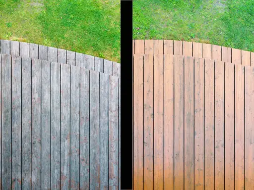 Comparaison avant/après d'un entretien terrasse bois : une moitié grisonnante et patinée, l'autre ravivée et chaleureuse.