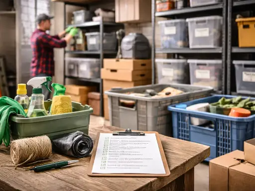 Checkliste für das Ausmisten des Kellers: Handschuhe, Reinigungsmittel und eine Rolle Müllbeutel liegen bereit. Ein Mann sortiert im Hintergrund.