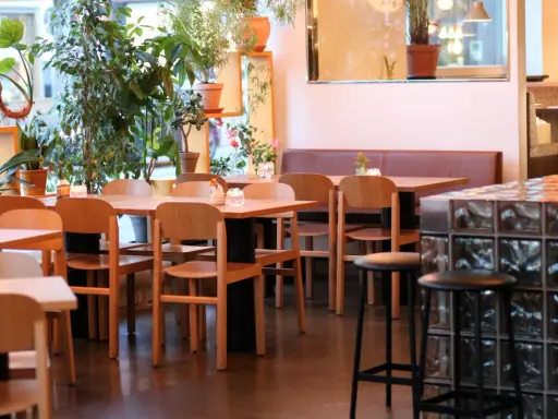Mysig restaurang med många växter. Bord och stolar i trä. Belysning skapar en varm atmosfär. Bra ställe för bise recensioner.