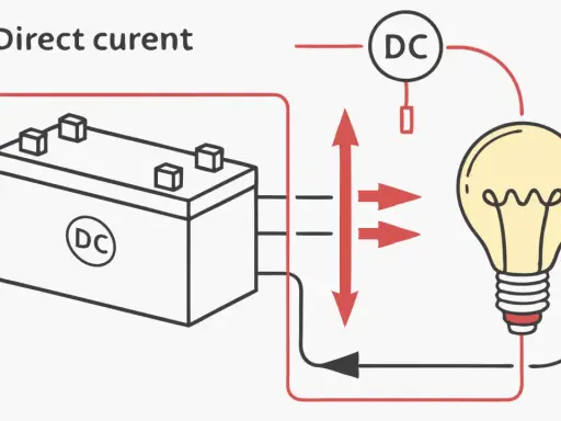 Circuit de courant continu : une batterie alimente une ampoule. Le plus et le moins de la batterie sont connectés à l'ampoule.