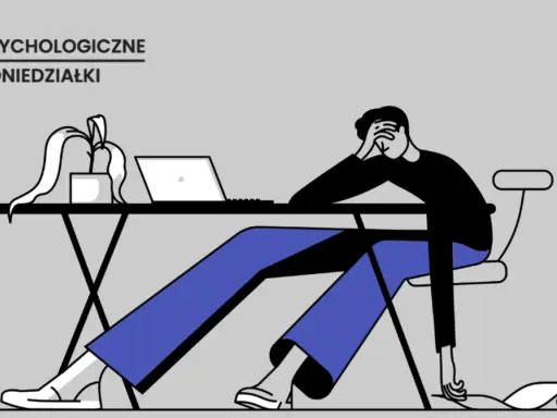 Zrezygnowany człowiek przy biurku, z laptopem i rośliną. Zastanawia się, prokrastynacja co to, czując przytłoczenie.
