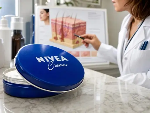 Boîte de crème Nivea bleue ouverte, avec une experte expliquant les bienfaits de la crème sur la peau.