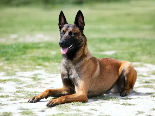 Un Malinois au repos, langue pendante. Son regard vif trahit son énergie, mais même ce chien puissant a un point faible : la chaleur.