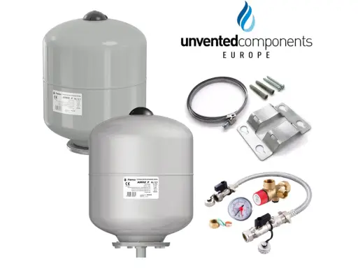 Dos vasos de expansión de presión para ACS, uno más grande y otro más pequeño, junto a accesorios de montaje y un manómetro.