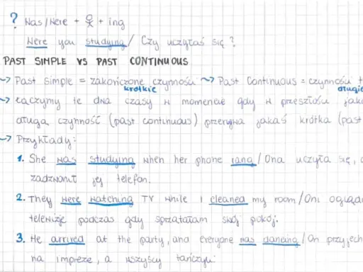 Notatki o czasach Past Simple i Past Continuous. Past Simple to zakończone czynności, Past Continuous to czynności trwające. Używamy ich, gdy jedna czynność (past continuous) przerywa inną, krótką (past simple).