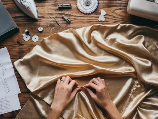 Manos ajustando tela dorada, lista para un diseño con punto jacquard. Patrones, tijeras y máquina de coser a la vista.