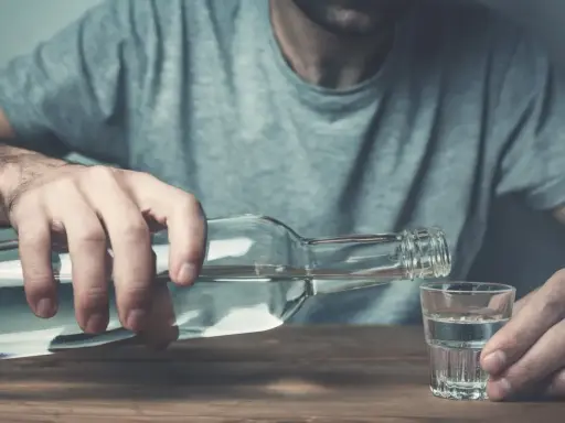 Mężczyzna nalewa alkohol do kieliszka. Czy wszywka jest skuteczna w walce z nałogiem?