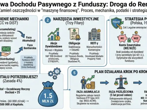 Jak zainwestować 500 tys. zł? Schemat budowy dochodu pasywnego z funduszy: od akumulacji, przez narzędzia inwestycyjne, po fazę rentierską.