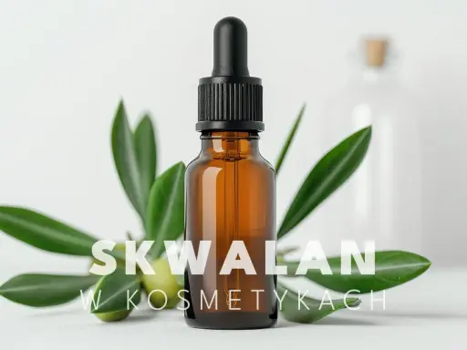 Brązowa buteleczka z pipetką, gałązka oliwna i napis "SKWALAN W KOSMETYKACH". Skwalan to cenny składnik pielęgnacyjny.