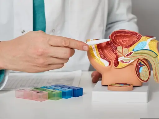 Lekarz wskazuje na model gruczołu krokowego, obok leżą pojemniki na leki.