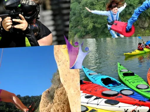 Collage de actividades de multiaventura con niños: paintball, escalada, kayak, puenting. ¡Diversión garantizada!