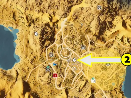 Mapa z gry Assassin's Creed. Żółta strzałka wskazuje cel misji w mieście.