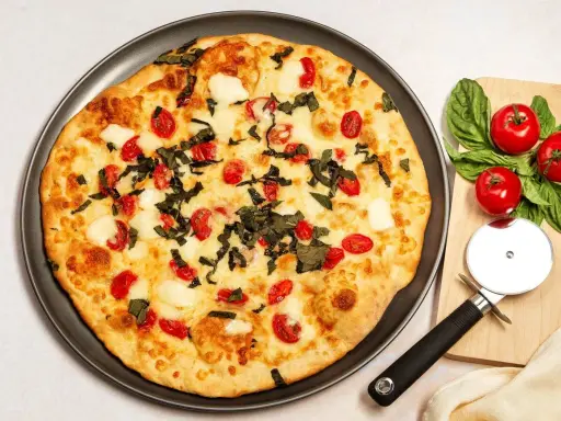 Pyszna pizza bez drożdży z pomidorkami koktajlowymi i mozzarellą, ozdobiona świeżą bazylią. Obok leży nóż do pizzy i składniki.