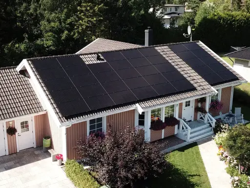 Ett svenskt hus med solpaneler på taket, en investering i solkraft AB för en grönare framtid.