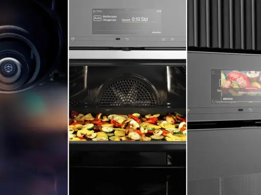 Nahaufnahme einer Miele Backofen Kamera, die durch das Glas auf mediterranes Ofengemüse blickt.
