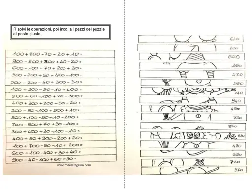 Schede matematica carnevale: risolvi le operazioni e incolla i pezzi del puzzle con i risultati corretti per completare le immagini.