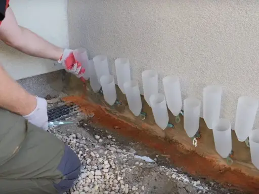 Osoba w rękawiczkach ustawia rurki przy ścianie, pokazując, jak osuszyć ściany domowym sposobem.