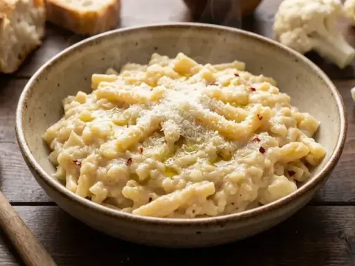 Un piatto fumante di pasta e cavolfiore cremoso, condito con parmigiano e peperoncino.
