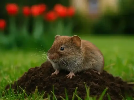 Mały karczownik siedzi na kopczyku ziemi w ogrodzie, wśród zielonej trawy i rozmytych czerwonych tulipanów.