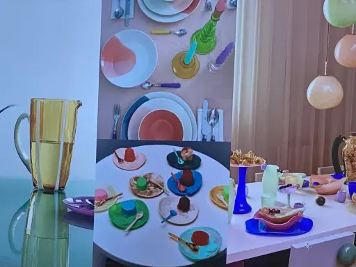 Un joyeux **art de la table française** avec des desserts colorés, des assiettes vives et un pichet jaune.