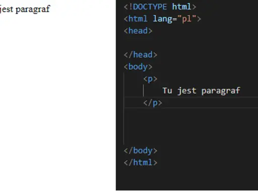 Kod html z tagami body i p. Tekst "Tu jest paragraf" wyświetlany w przeglądarce.
