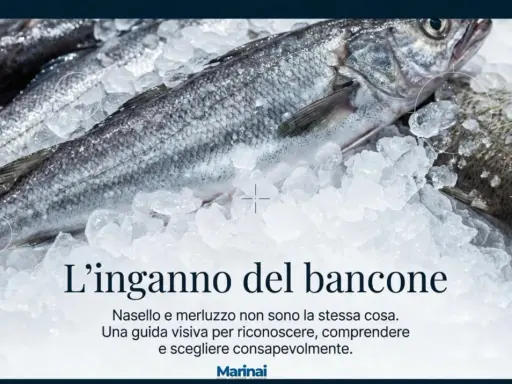 Merluzzi freschi su ghiaccio. Scopri quanto pesa un merluzzo e come distinguerlo dal nasello per fare acquisti consapevoli.