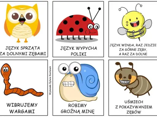 Zabawne gry logopedyczne dla 4 latka: sowa czyści zęby, biedronka wypycha policzki, pszczoła jeździ językiem, dżdżownica wibruje wargami, ślimak robi groźną minę, mrówka uśmiecha się z zębami.