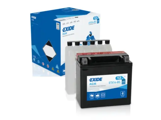 Akumulator Exide AGM, jeden z rodzajów akumulatorów samochodowych, gotowy do montażu. W zestawie elektrolit.