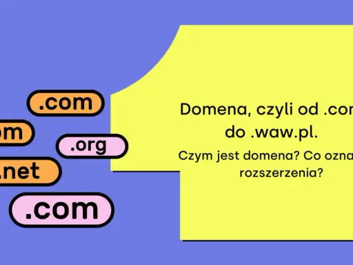 Etykiety z rozszerzeniami domen (.com, .org, .net) na niebieskim tle, obok żółtego prostokąta z tekstem.