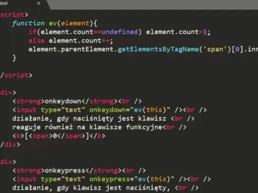 Kod HTML z funkcją JavaScript do obsługi zdarzeń klawiatury. Używa semantyczny HTML do strukturyzacji.
