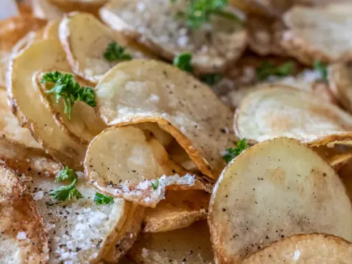 Krispiga, gyllene skivor av friterad potatis, strödda med salt och peppar, toppade med färsk persilja.