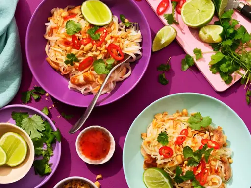 Två skålar med kyckling pad thai, toppad med chili, koriander och jordnötter. Limeklyftor och en liten skål med chilisås finns bredvid.