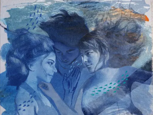 Tre volti in blu, immersi in un'atmosfera onirica. La **perspiratio insensibilis** sembra evocata dalle gocce d'acqua e dalla fusione dei corpi.