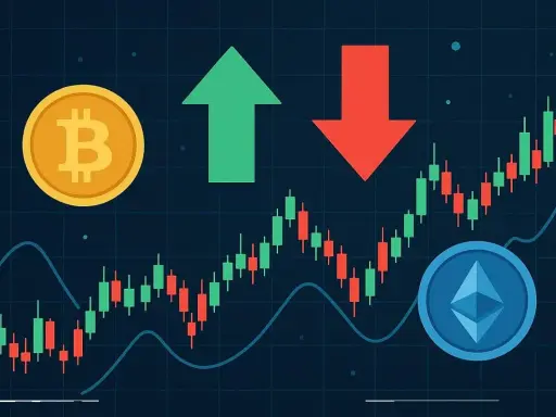 Wykresy świecowe pokazujące zmienność cen kryptowalut, z ikonami Bitcoina i Ethereum. Zielona strzałka w górę i czerwona w dół symbolizują sygnały kryptowalut.
