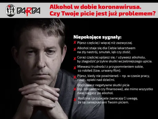 Zamyślony mężczyzna z dłońmi pod brodą. Obok lista sygnałów ostrzegawczych, wskazujących na codzienne picie alkoholu wieczorem jako problem.