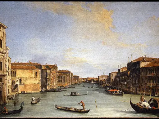 Peinture d'un canal à Venise avec des gondoles et des bâtiments historiques.