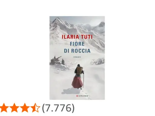 Copertina del romanzo "Fiore di roccia" di Ilaria Tuti. Una figura con un cesto in spalla cammina su un sentiero innevato, con montagne sullo sfondo.