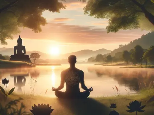 En person sitter i meditation vid en sjö, med en Buddha-staty i bakgrunden. Solnedgången skapar en fridfull atmosfär för meditation och buddhism.