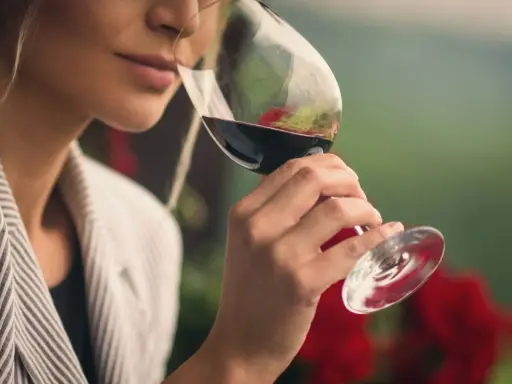 Mujer cata vino tinto, evaluando su aroma. ¿Cuánto cobra un catador de vinos por su experiencia?